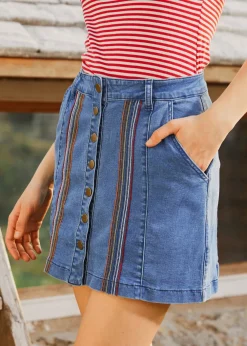 A Spring Fling Button Down A-Line Jean Skirt Medium Wash Clearance