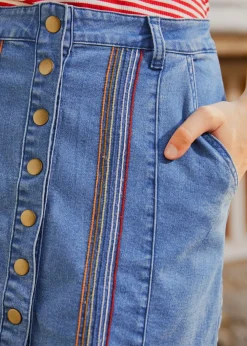 A Spring Fling Button Down A-Line Jean Skirt Medium Wash Clearance