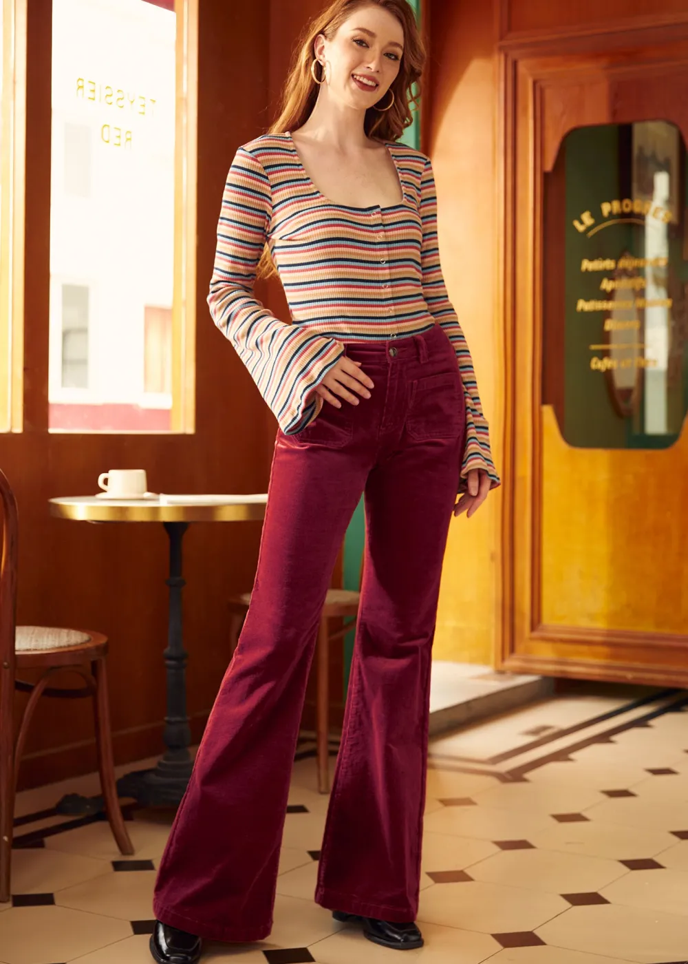 EZ Apparel All Aboard For Corduroy Flare-Leg Pants Winter Berry Outlet