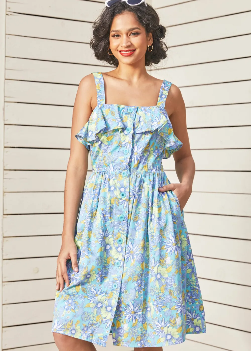 Hangzhou HS Fashion Corporation Ltd. Beckoning The Berkshires Fit and Flare Dress Sea Blue Floral Clearance