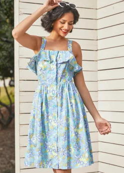 Hangzhou HS Fashion Corporation Ltd. Beckoning The Berkshires Fit and Flare Dress Sea Blue Floral Clearance