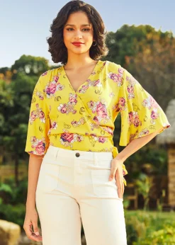 Amos Eastern Apparel Inc. Best Is Yet to Come Wrap Top Yellow Floral Clearance