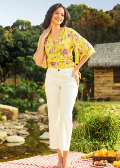 Amos Eastern Apparel Inc. Best Is Yet to Come Wrap Top Yellow Floral Clearance