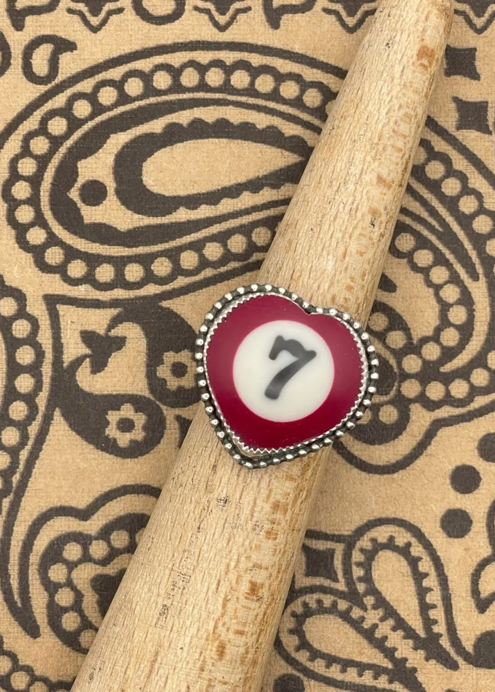 Billiard Ball #7 Sterling Silver Heart Ring Maroon