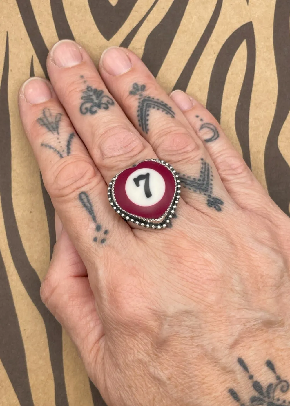 Billiard Ball #7 Sterling Silver Heart Ring Maroon