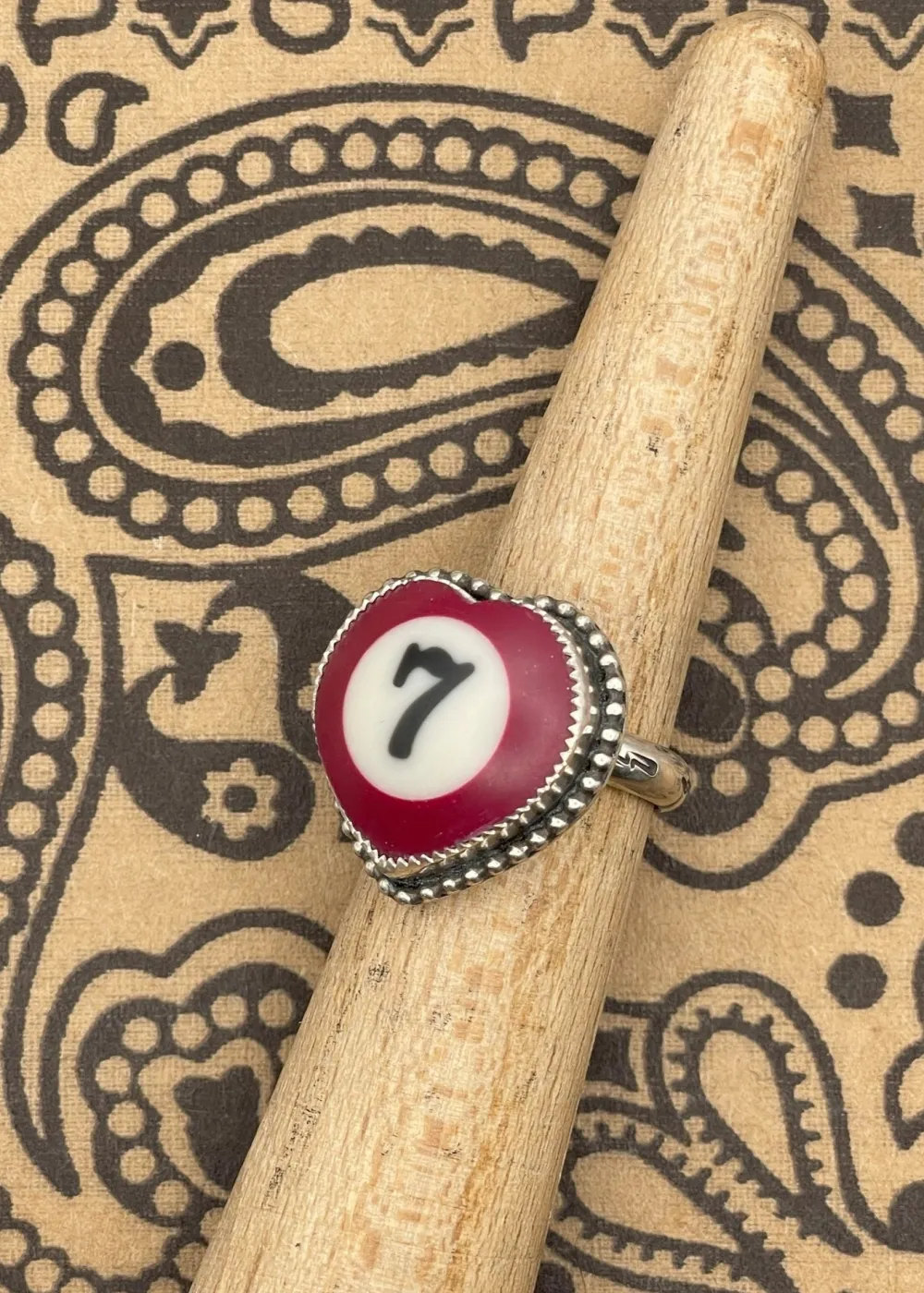Billiard Ball #7 Sterling Silver Heart Ring Maroon