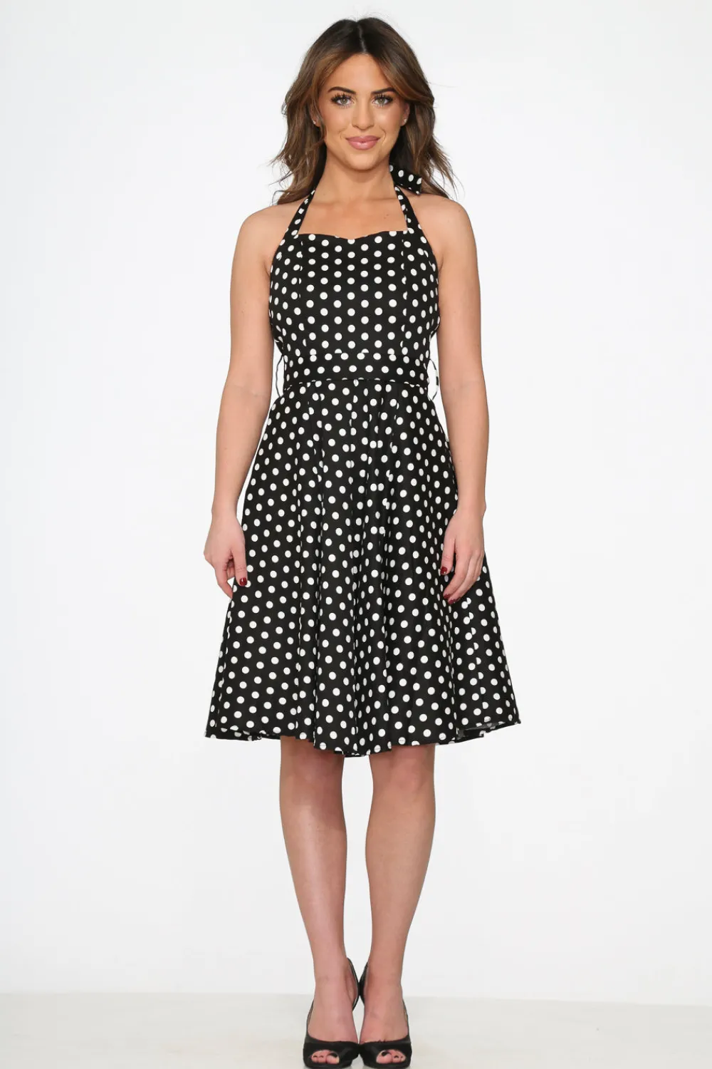 Black & White Polka Dot Halter Swing Dress Sale