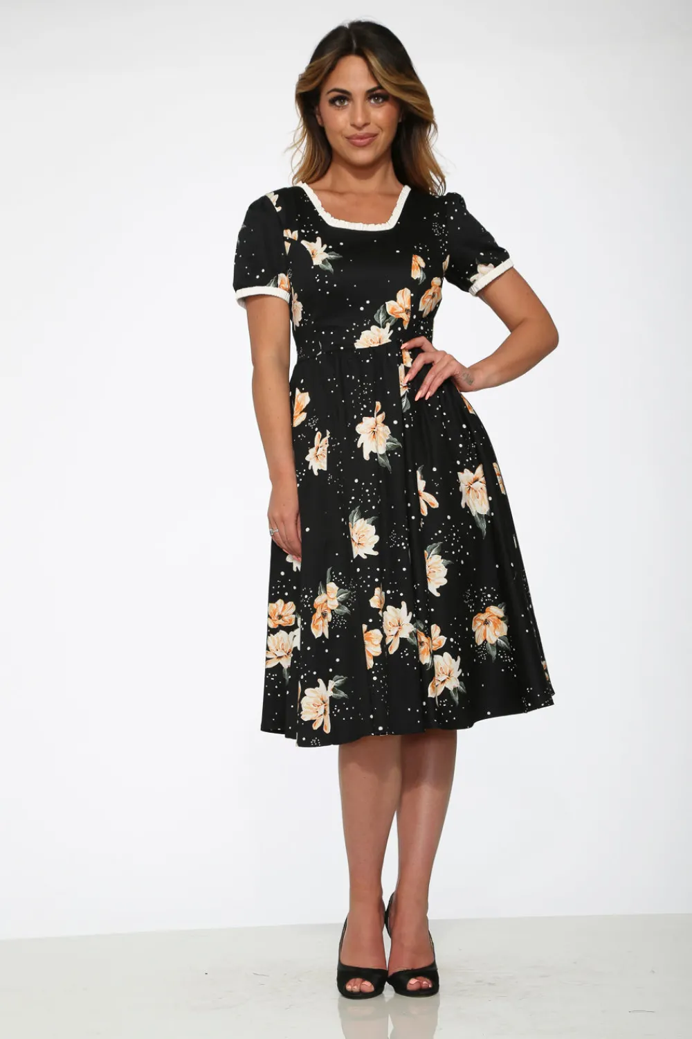 Black & Yellow Floral Swing Dress Outlet