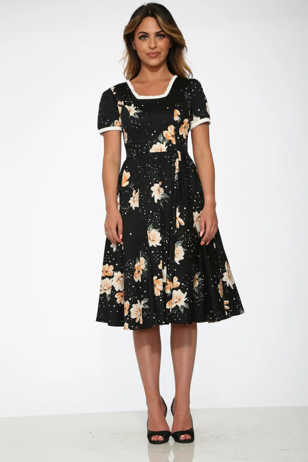 Black & Yellow Floral Swing Dress Outlet