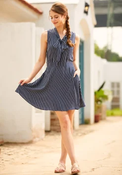 BTC Bliss In a Swish Tie-Neck Dress Navy Stripe