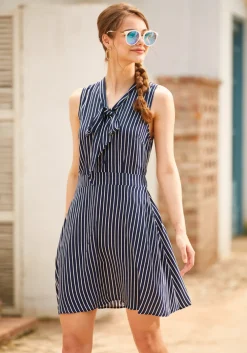 BTC Bliss In a Swish Tie-Neck Dress Navy Stripe
