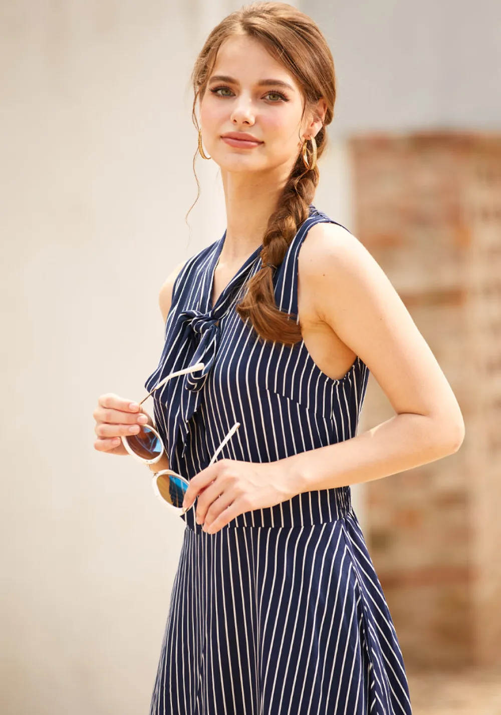 BTC Bliss In a Swish Tie-Neck Dress Navy Stripe