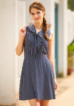 BTC Bliss In a Swish Tie-Neck Dress Navy Stripe