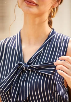 BTC Bliss In a Swish Tie-Neck Dress Navy Stripe