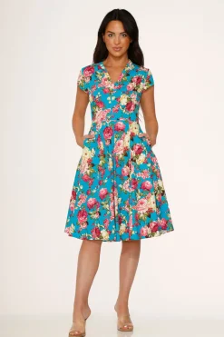 Blue & Pink Floral Swing Dress