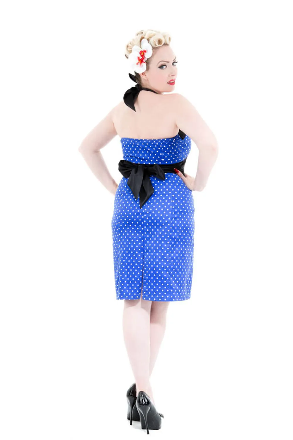 Blue & White Polka Dot Halter Wiggle Dress Sale