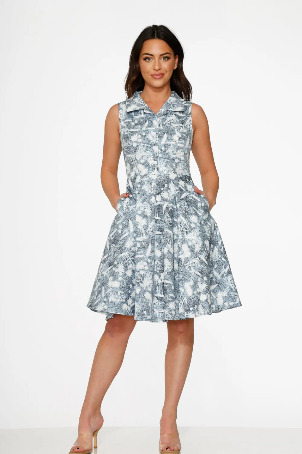 Blue Hawaiian Palm Tree Print Swing Dress