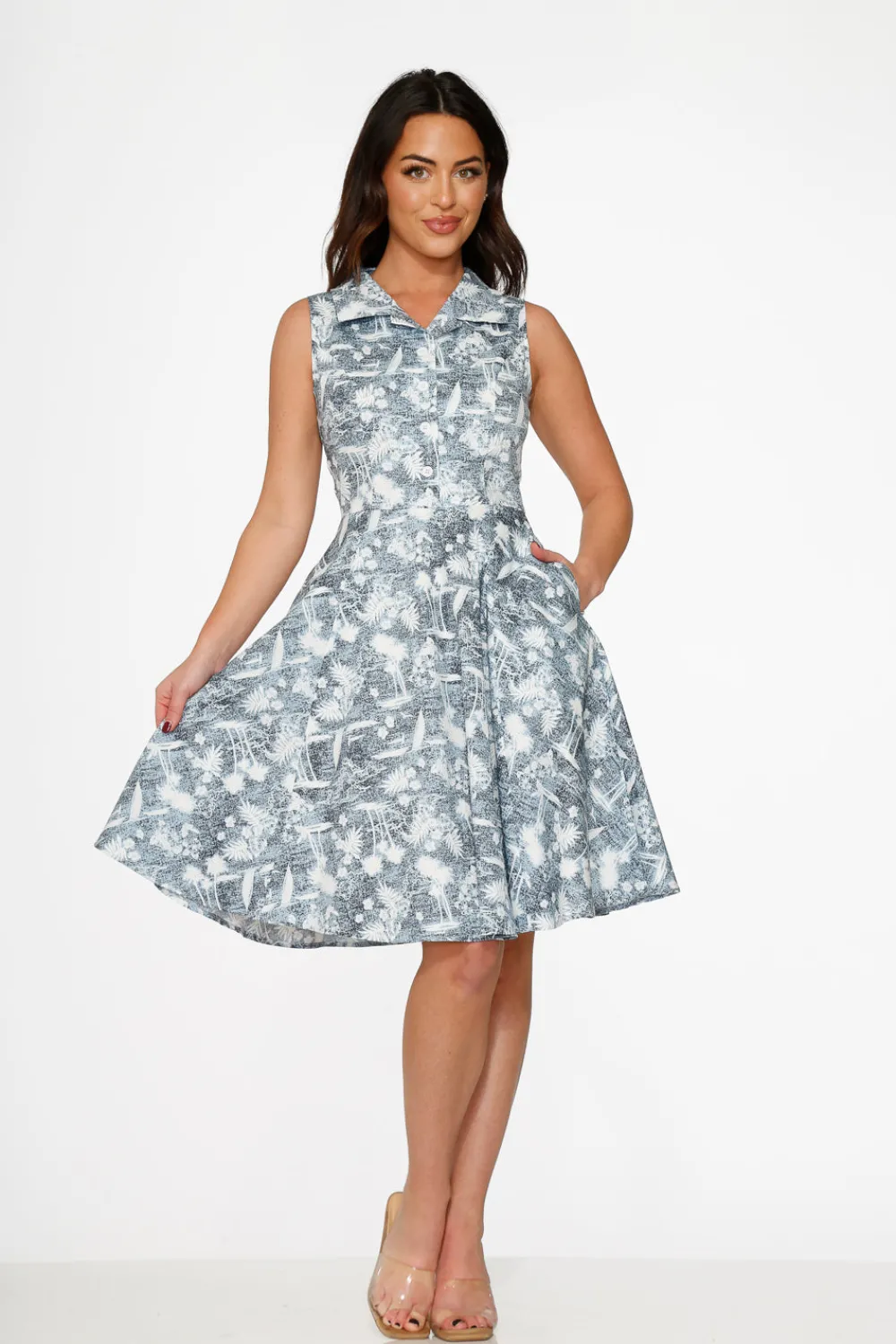 Blue Hawaiian Palm Tree Print Swing Dress