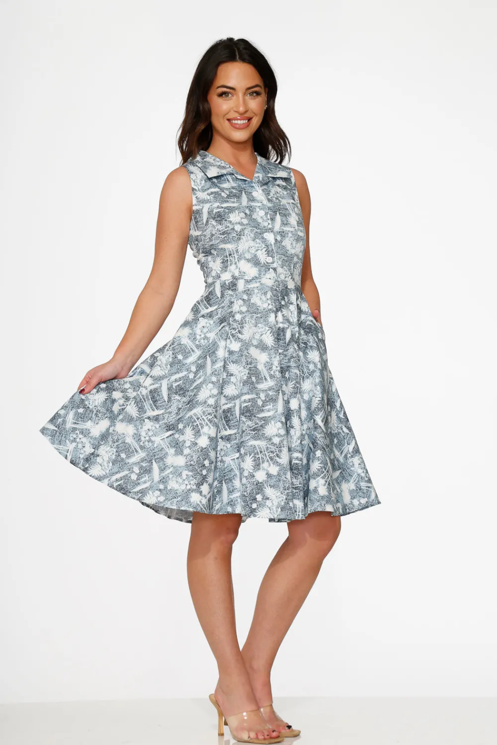 Blue Hawaiian Palm Tree Print Swing Dress