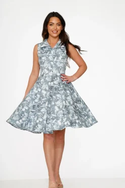 Blue Hawaiian Palm Tree Print Swing Dress