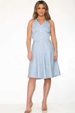 Blue White Checkmate Halter Swing Dress New
