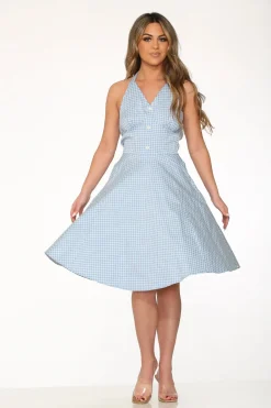 Blue White Checkmate Halter Swing Dress New