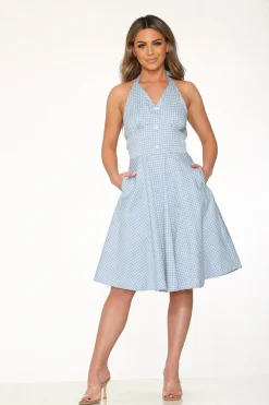 Blue White Checkmate Halter Swing Dress New