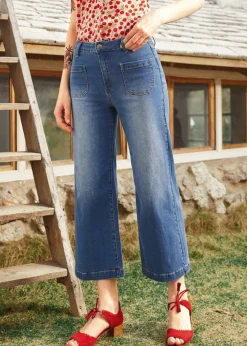 EZ Apparel Boardwalk Beauty Wide Leg Crop Jeans Medium Wash Outlet