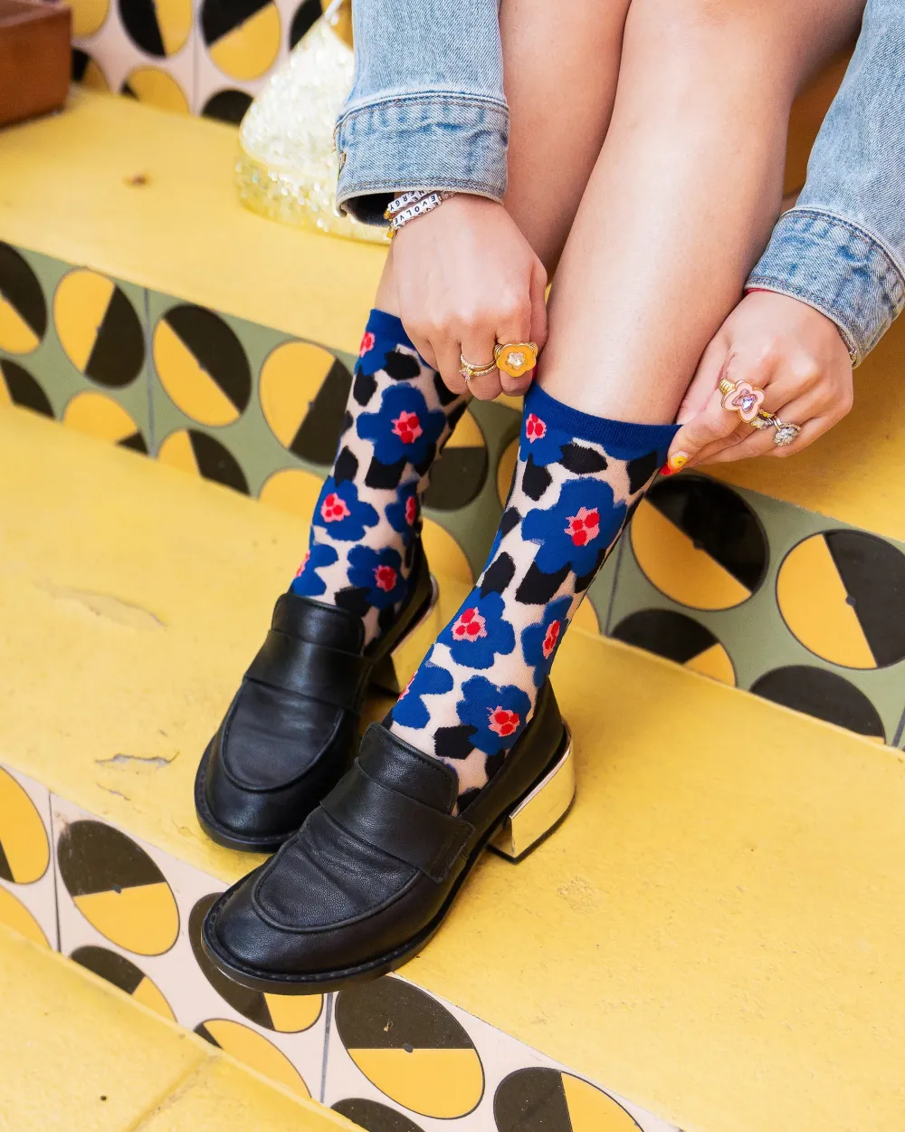 Bold Blue Floral Sheer Crew Sock Clearance