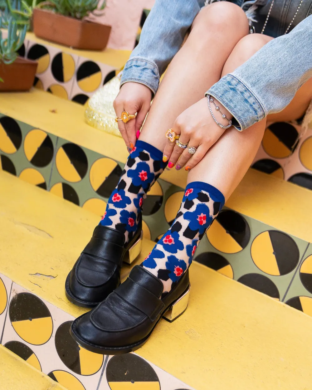 Bold Blue Floral Sheer Crew Sock Clearance