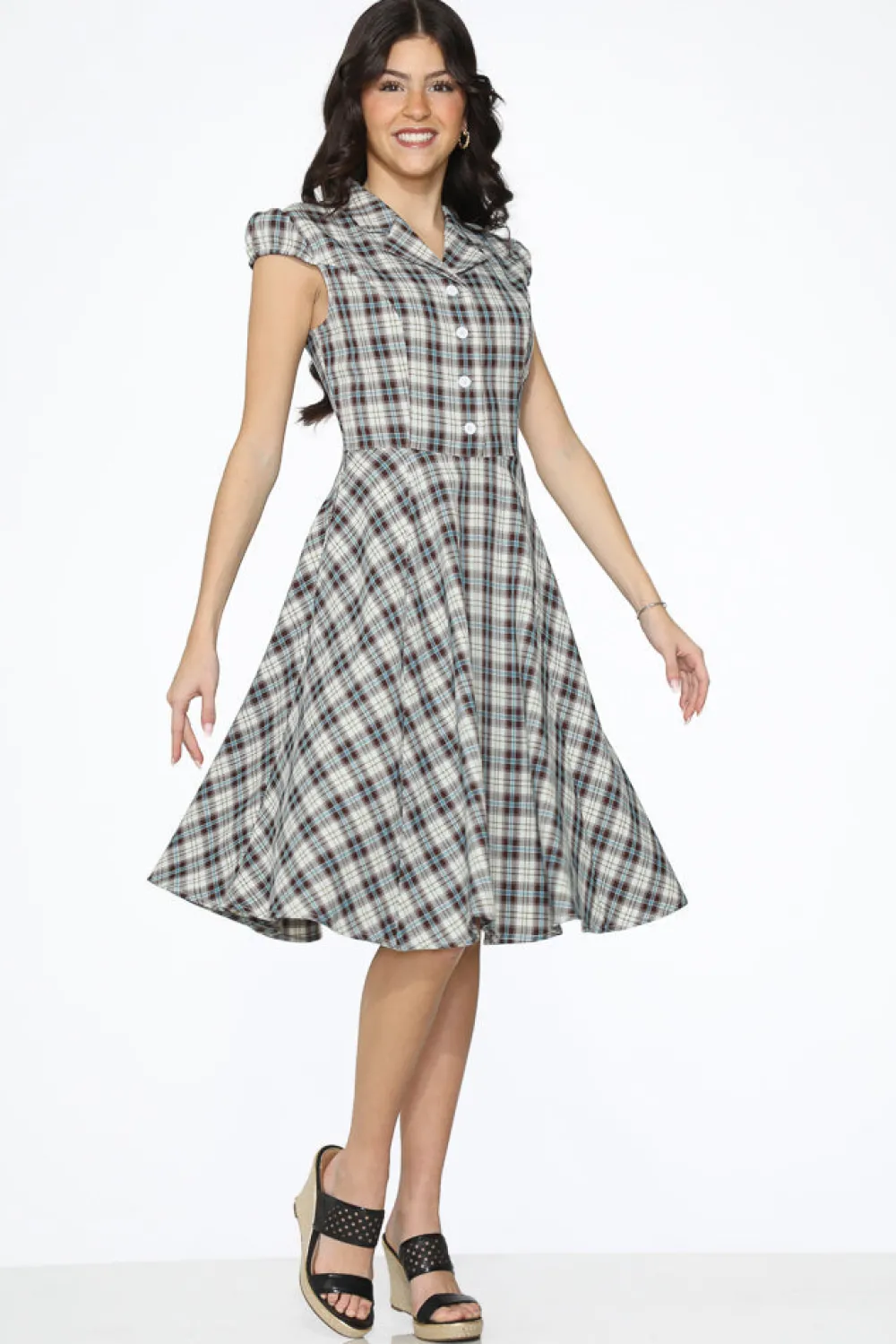 & Blue Plaid Swing Dress Brown Discount