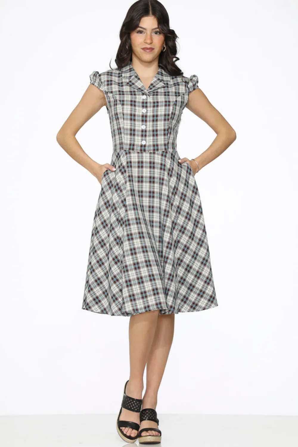 & Blue Plaid Swing Dress Brown Discount