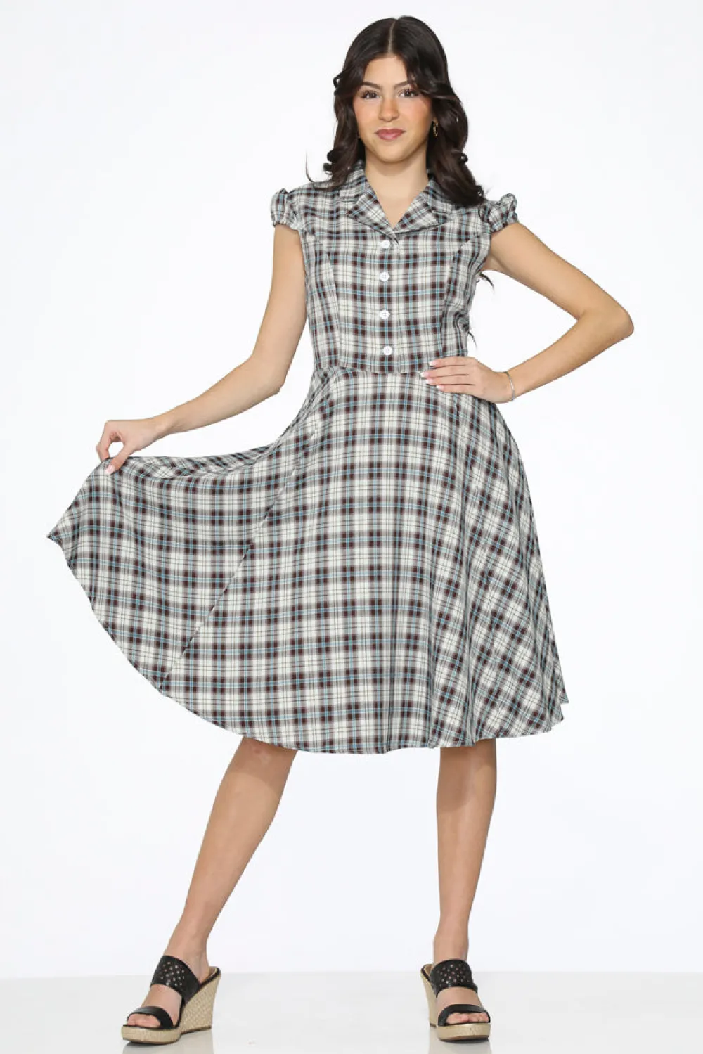 & Blue Plaid Swing Dress Brown Discount