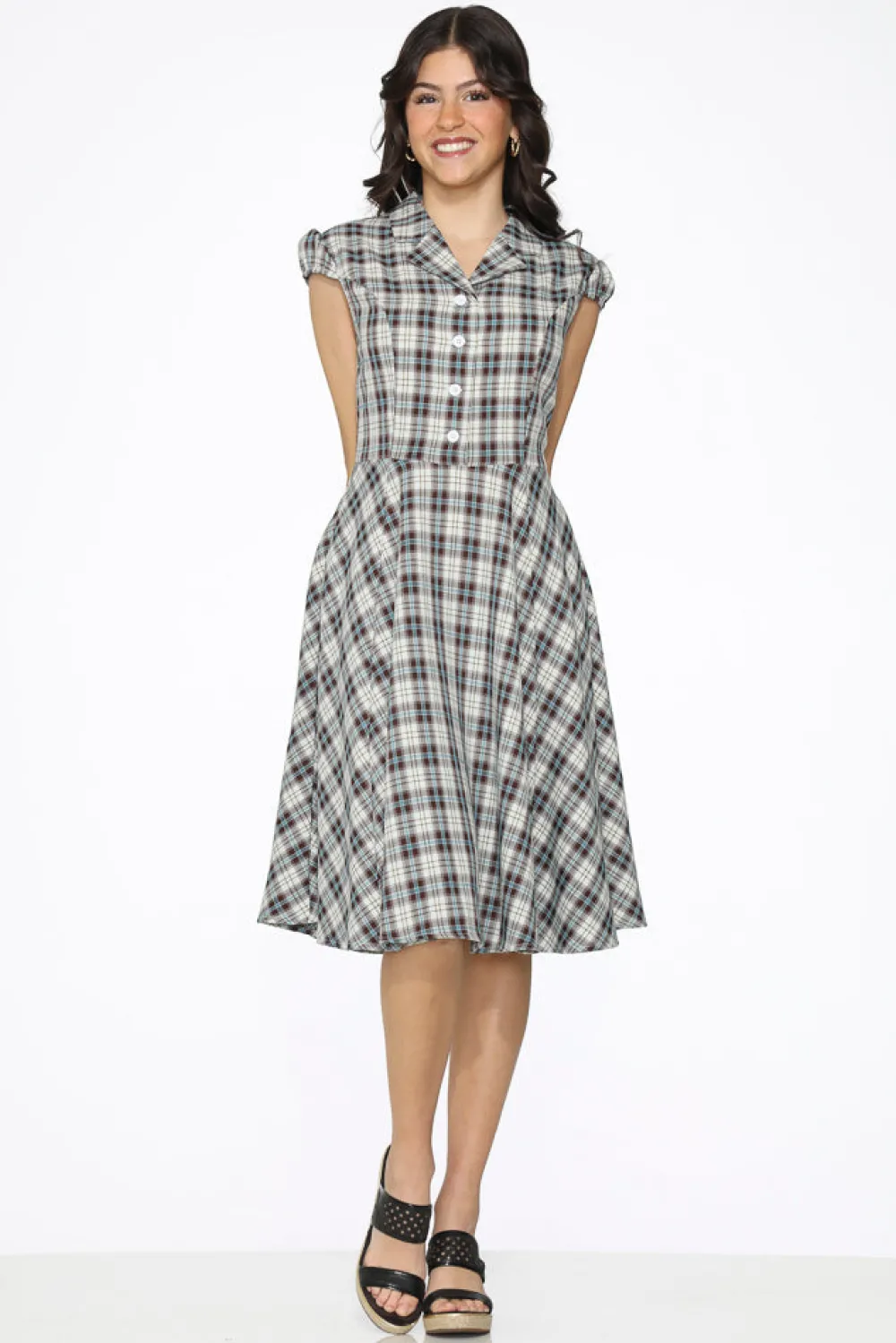 & Blue Plaid Swing Dress Brown Discount