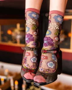 Dark Florals Black Sheer Crew Sock