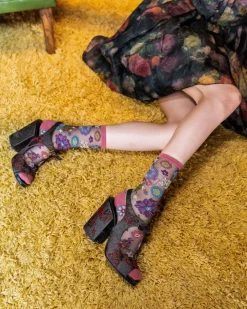 Dark Florals Black Sheer Crew Sock