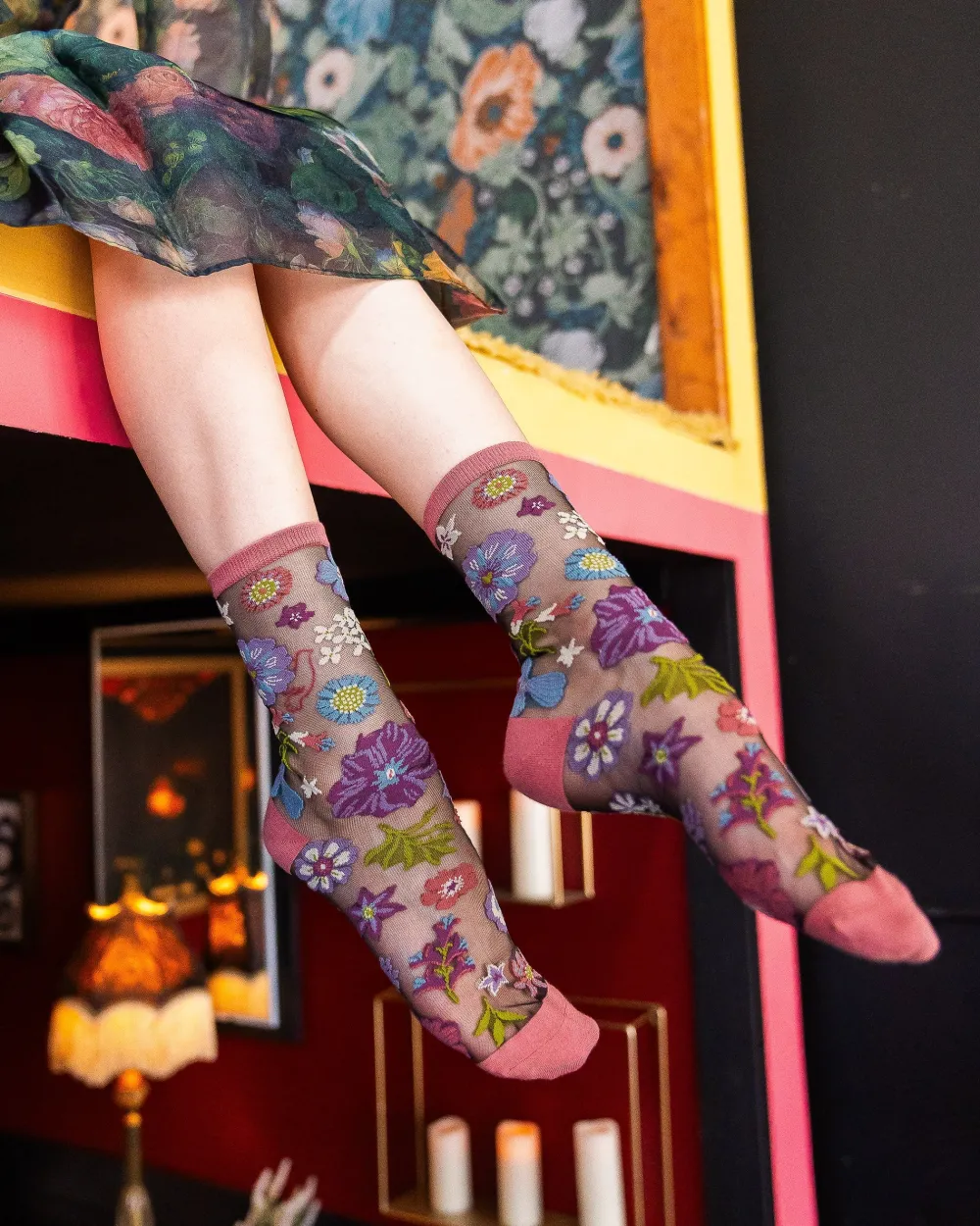 Dark Florals Black Sheer Crew Sock