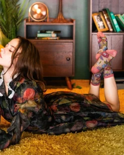 Dark Florals Black Sheer Crew Sock