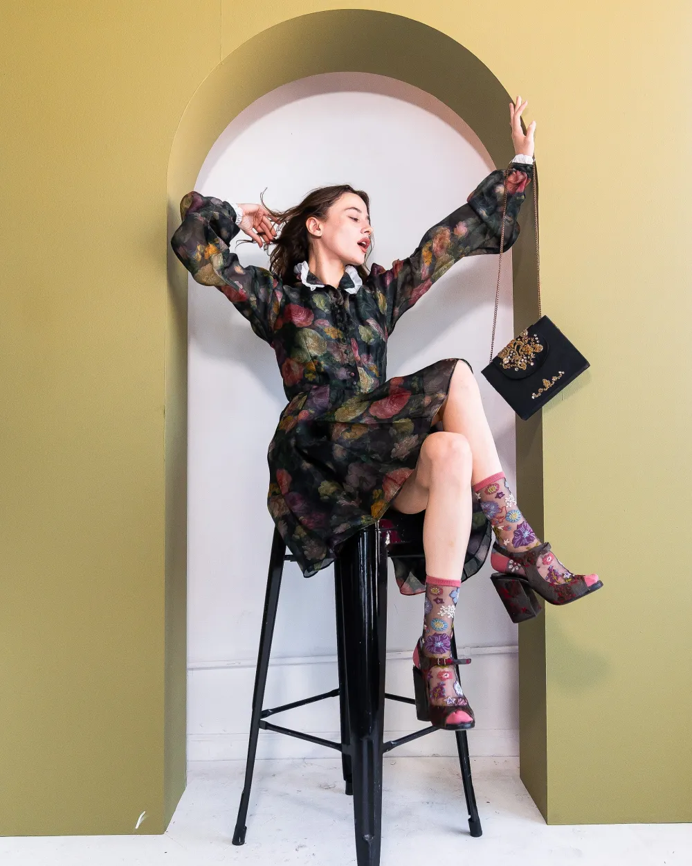 Dark Florals Black Sheer Crew Sock