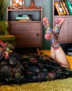 Dark Florals Black Sheer Crew Sock