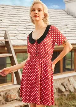 Dottie Delight Collared Dress Red Polka Dot Hot