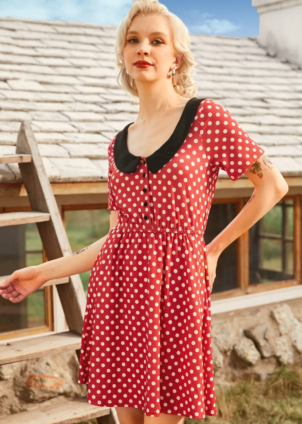 Dottie Delight Collared Dress Red Polka Dot Hot