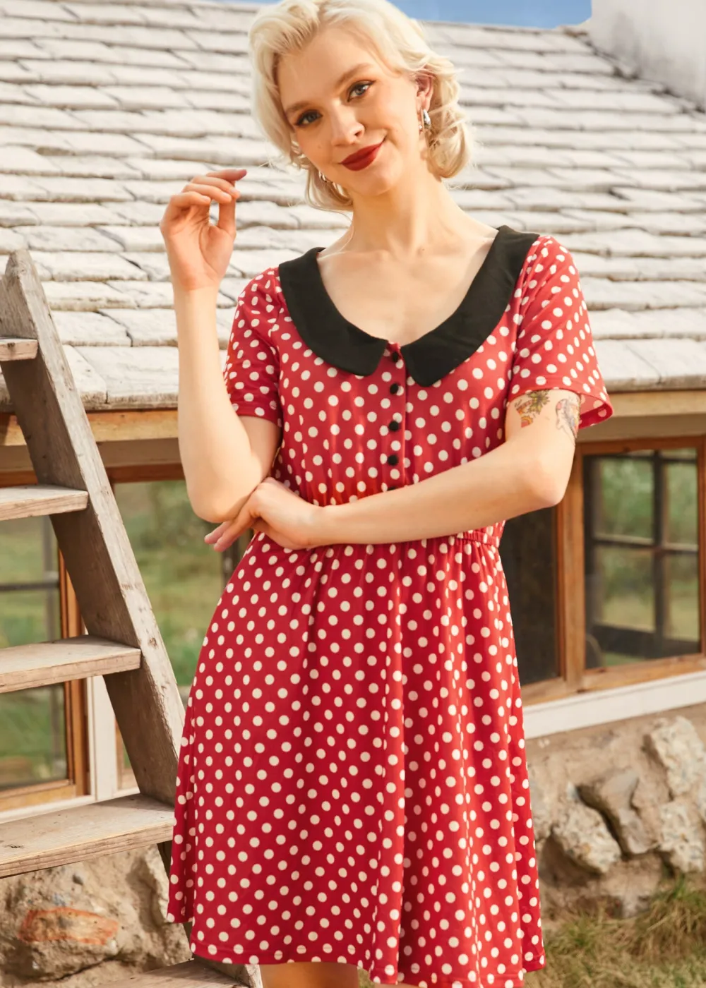Dottie Delight Collared Dress Red Polka Dot Hot