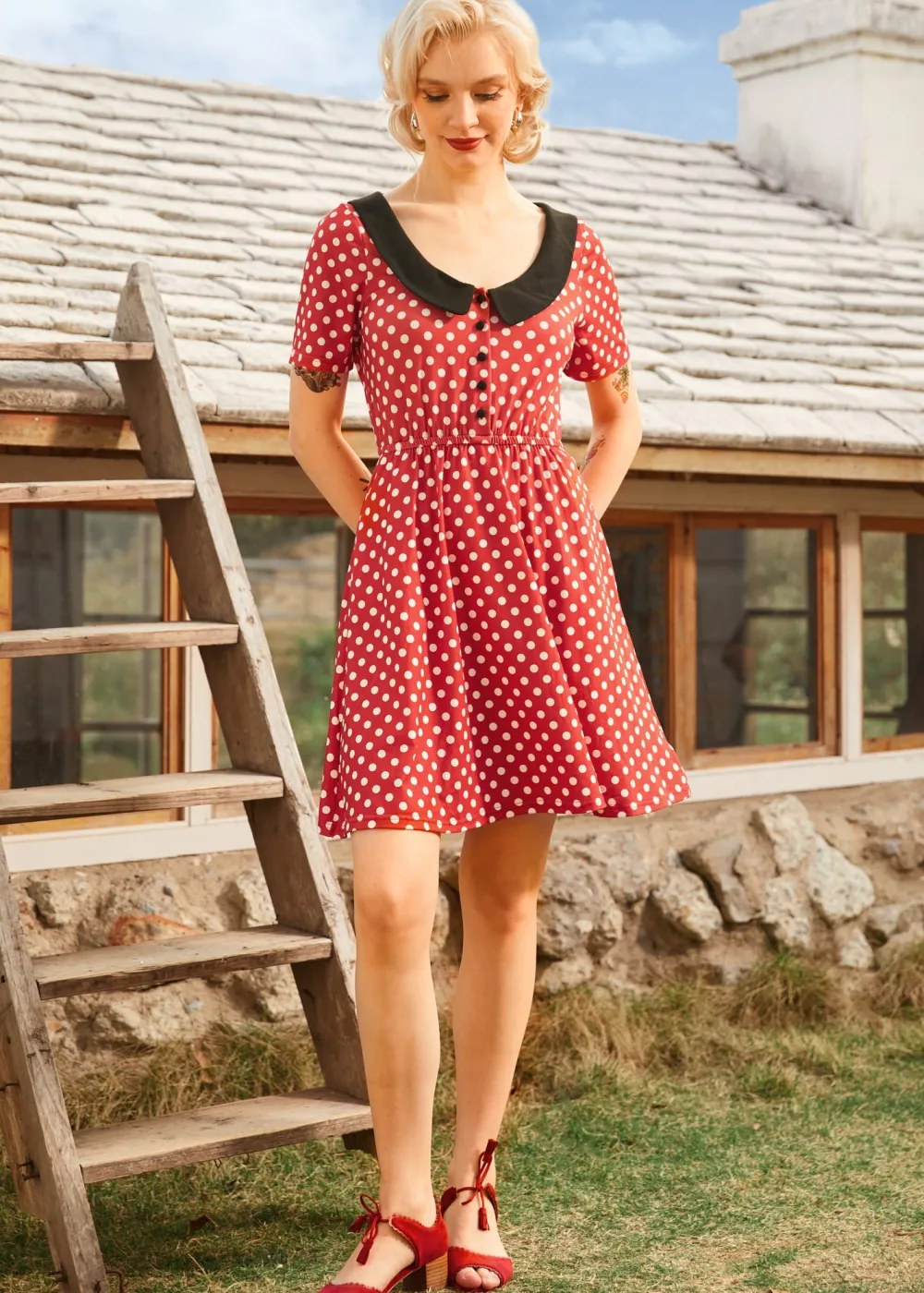 Dottie Delight Collared Dress Red Polka Dot Hot