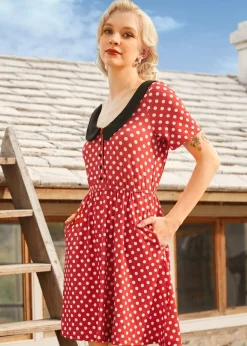 Dottie Delight Collared Dress Red Polka Dot Hot