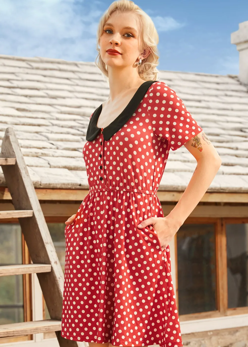 Dottie Delight Collared Dress Red Polka Dot Hot