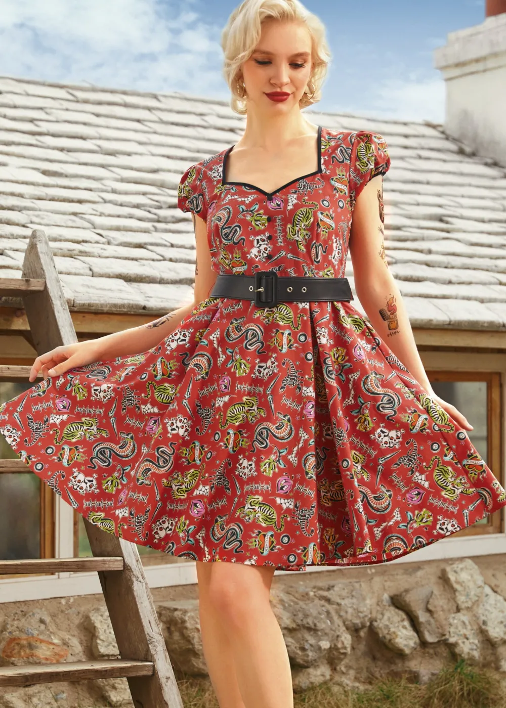 Drive In Delight Fit & Flare Dress Red Tattoo Print Discount