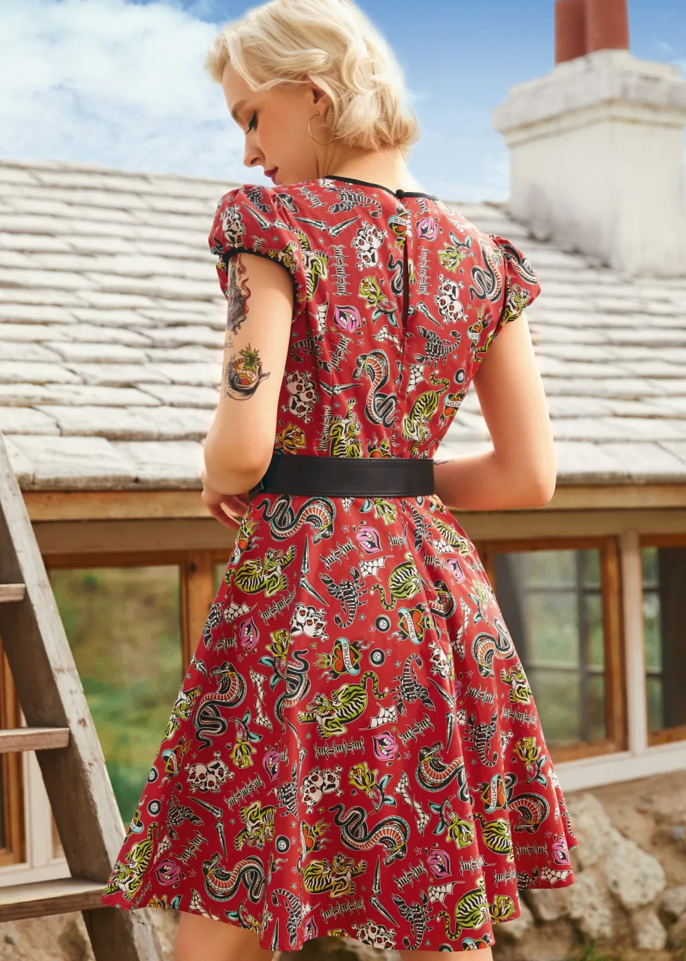 Drive In Delight Fit & Flare Dress Red Tattoo Print Discount