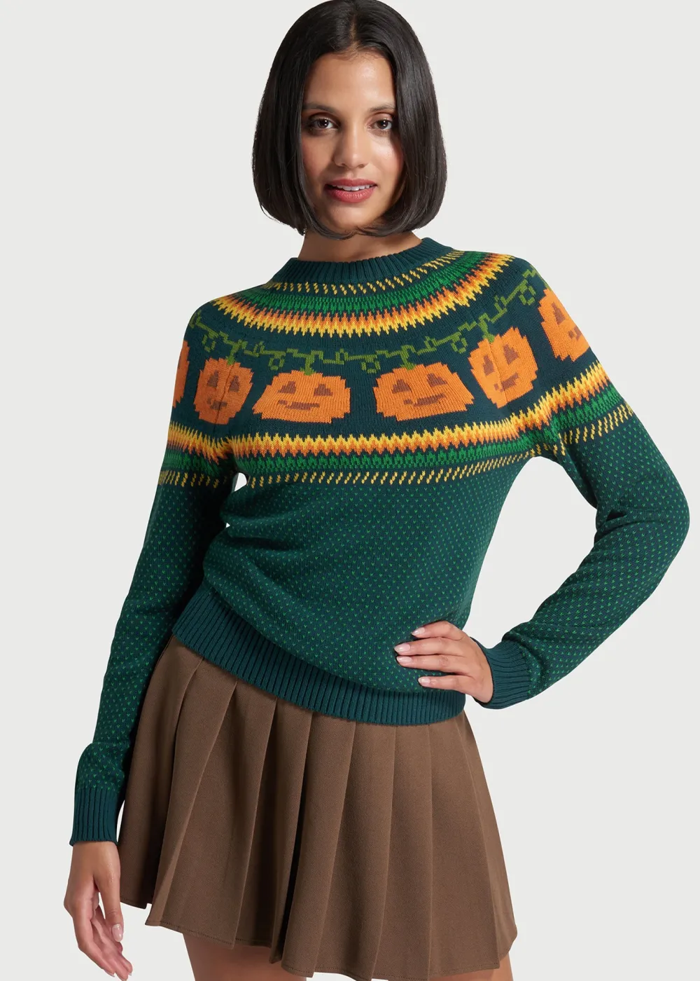 ModCloth Give 'Em Pumpkin To Talk About Fair Isle Sweater Green Pumpkin Sale
