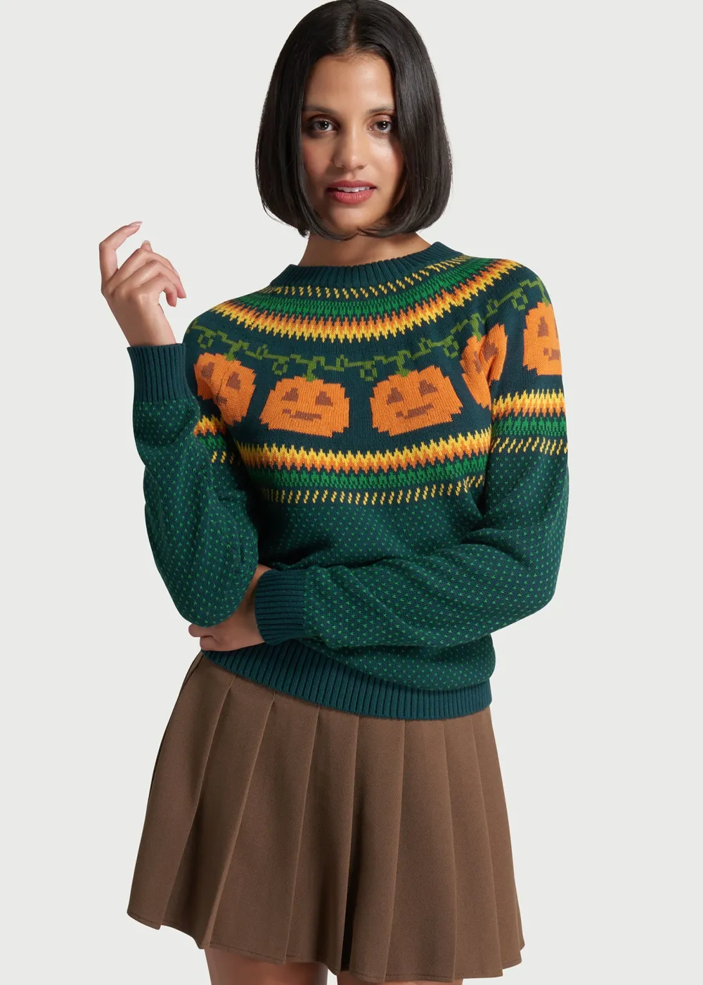 ModCloth Give 'Em Pumpkin To Talk About Fair Isle Sweater Green Pumpkin Sale